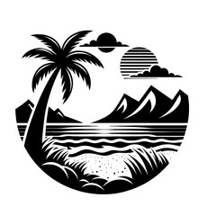 Beach landscape logo with palm tree vector black and white