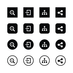 Black and white icons, minimalist design, user
interface elements, zoom out, login, sitemap,
share buttons, square icons, circular icons,
rounded square icons, outined icons, solid
icons.