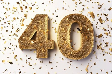 Golden Glitter Number 40 Surrounded by Shimmering Confetti
