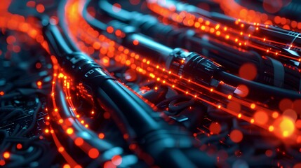 A pile of wires and cables with orange light from the left side against a dark background 