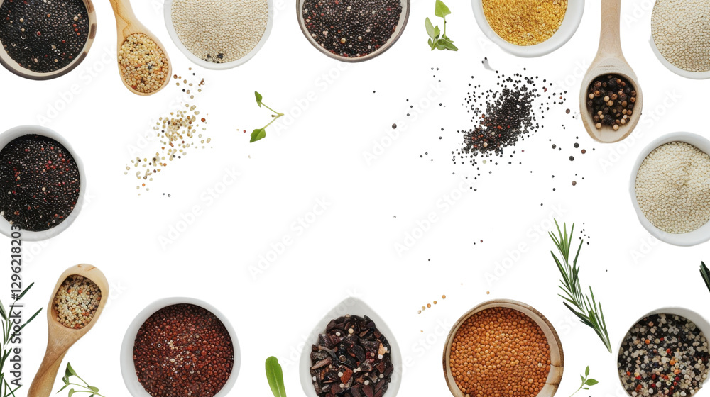 Poster various colorful seeds and spices forming a frame on transparent background