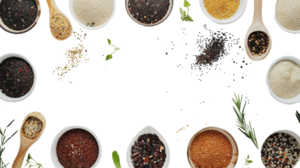 Various colorful seeds and spices forming a frame on transparent background