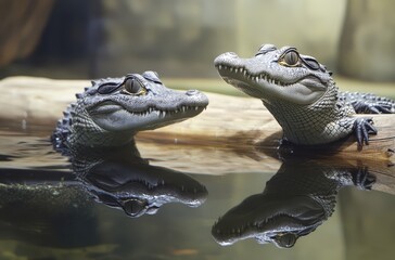 Obraz premium Two Alligators Resting on a Log by the Water with Calm Reflections, Capturing Natural Habitat and Serene Environment of Wildlife Photography