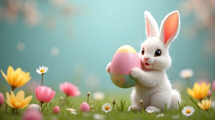 A fluffy white bunny holding a giant pastel Easter egg surrounded by blooming spring flowers.