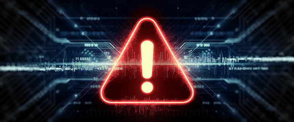 A red warning symbol of an exclamation mark surrounded by digital lines, circuits, and binary code, representing a cybersecurity breach, warning, and alert in the digital world.