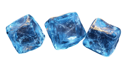 Ice Cubes: Three translucent blue ice cubes, glistening with frozen water, arranged in a dynamic composition.