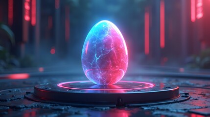 Fototapeta premium A glowing neon Easter egg resting on a futuristic platform pulsating with mysterious energy.