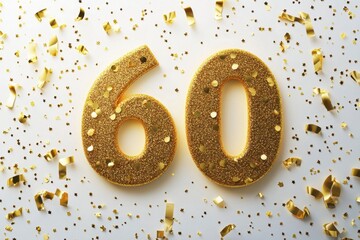 Golden Glittery Number Sixty on White Background with Confetti