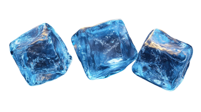 Ice Cubes: Three translucent blue ice cubes, glistening with frozen water, arranged in a dynamic composition.