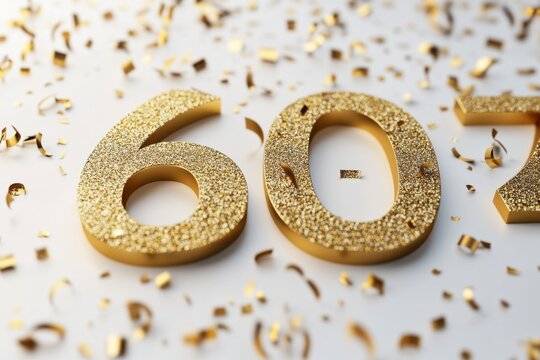 Golden Glittery 60 Number Decoration with Confetti on White Background