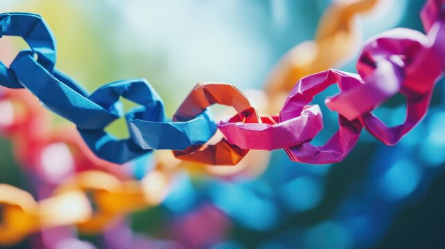 A vibrant paper chain, meticulously constructed by a group of diverse individuals, interlocked hands, symbolizing unity and collaboration in the face of shared challenges, forming a powerful visual