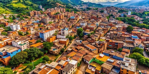 Fototapeta premium Desaturated Colombian Neighborhood Aerial View: Satellite Image of Urban Landscape