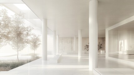 Fototapeta premium Modern white colonnaded hall with garden view. Possible use Interior design, architecture, commercial, editorial
