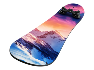 Snowboard with snowy mountains