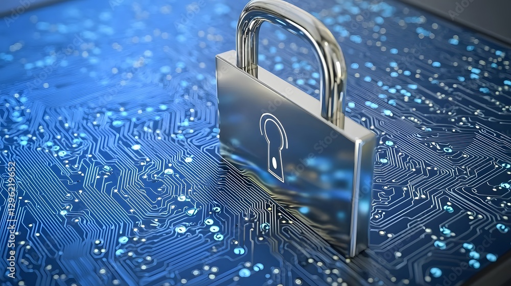 Poster futuristic cybersecurity and data protection concept depicted through a visually striking arrangemen