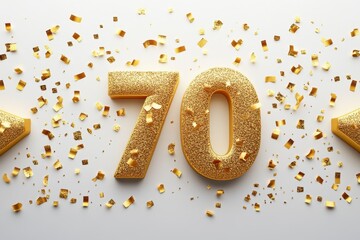 Golden Number 70 with Confetti for Celebration and Milestone