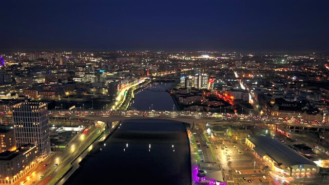 Sunset night aerial city Glasgow Scotland and river Clyde bridge M8 rush hour traffic