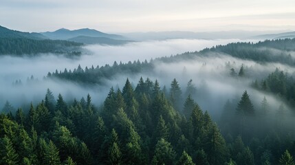 Fog creeping over a forested mountain slope, softening the outlines of the trees while distant ridges fade into the haze.