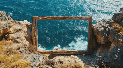 A weathered wooden frame showcases a turbulent ocean scene