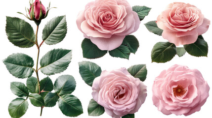 Naklejka premium Floral Romance: A collection of exquisite pink roses in various stages of bloom, from delicate buds to fully opened blossoms, against a simple backdrop.