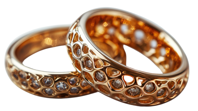 Golden Promise: Two exquisite gold wedding bands with intricate designs, showcasing sparkling gems, symbolize eternal love and commitment in a timeless depiction.