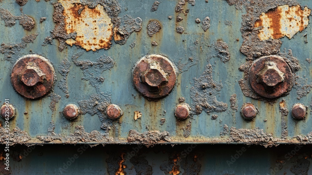 Aufkleber a box steel panel showing the effects of time, with large patches of rust and deep oxidation.