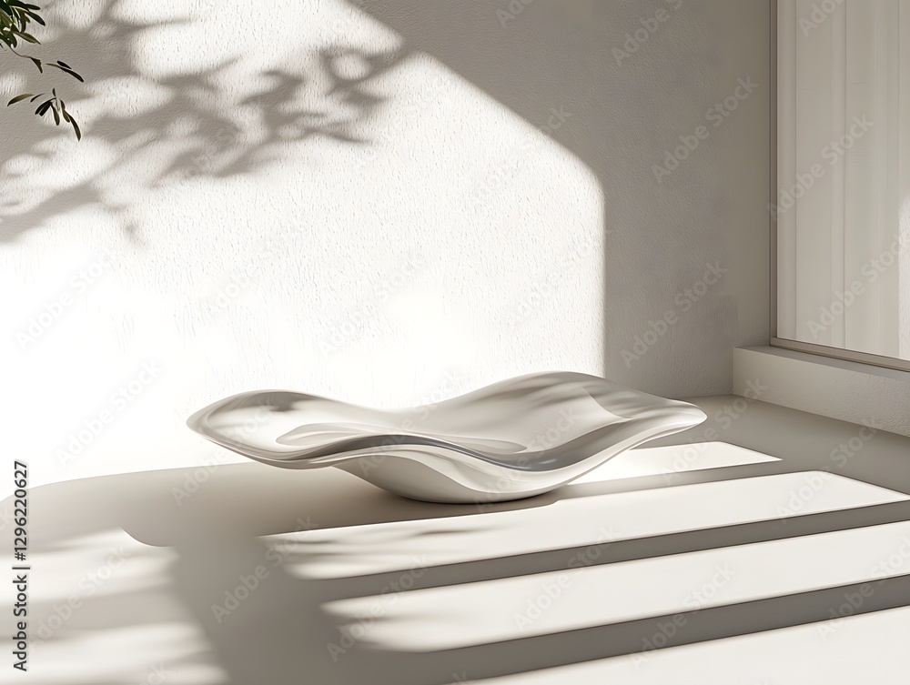 Poster modern sculpture with abstract curved lines casting soft shadows in a minimalist interior design set