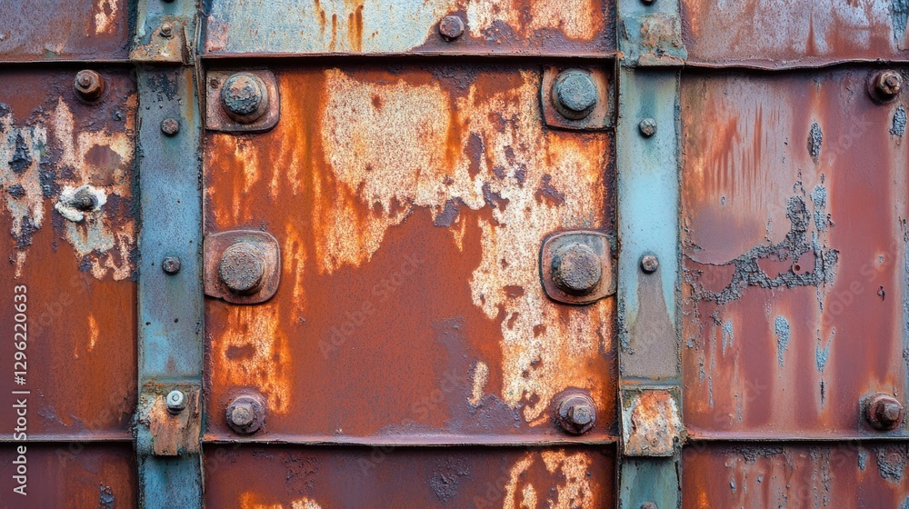 Poster a box steel panel showing the effects of time, with large patches of rust and deep oxidation.