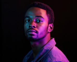 Obraz premium A portrait of an African American man in his late thirties, illuminated by the soft glow from purple and blue lights against black background. He is wearing casual attire 