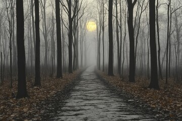 Obraz premium Serene foggy forest pathway with a glowing moon, surrounded by tall trees and fallen leaves
