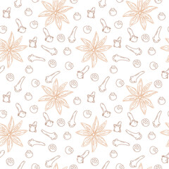 Hand drawn Allspices, Star Anise and clove Seamless Pattern Mulled wine spices Minimalist Background