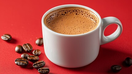 Fototapeta premium Aromatic Coffee Cup Espresso Red Background Coffee Beans