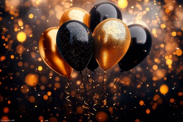 Joyful birthday party setting with elegant black and gold balloons in a festive setting