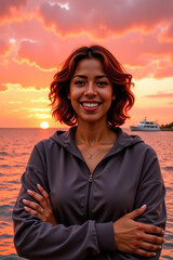 Fototapeta premium A beautiful woman with dark, curly red hair, fair skin, wearing a grey hoodie, smiling broadly, standing confidently with arms crossed, in front of a vibrant sunset over the ocean.