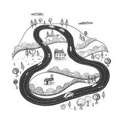 A Hand Drawn Sketch Of A Winding Road Through A Countryside Landscape
