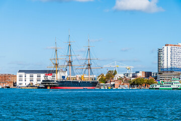 Obraz premium A view toward the inner harbour shore at Portsmouth, UK in early Autumn