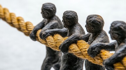 A team of diverse figures, their faces etched with determination as they collectively pull on a thick rope, a symbol of their united effort and the spirit of teamwork that binds them.