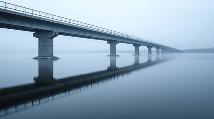 Fototapeta premium A bridge over a calm river, disappearing into fog, with reflections barely visible on the water.