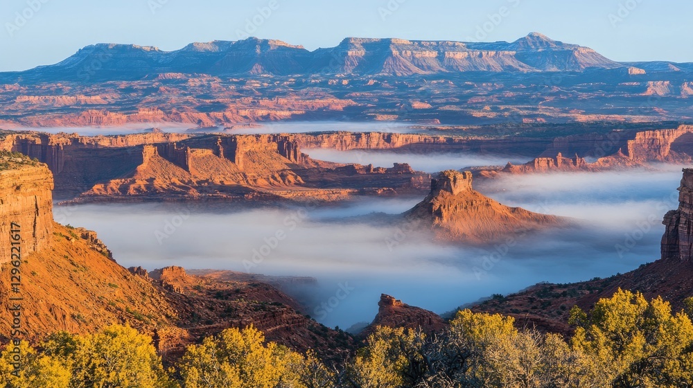 Poster a canyon landscape with layers of rock formations barely visible through morning mist, creating a dr