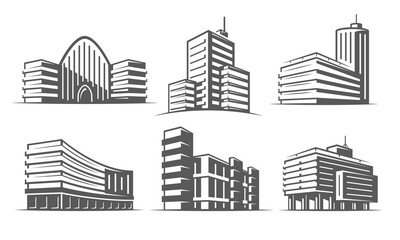 Fototapeta premium Building icon set isolated on white background. Collection sign real estate, business center, office. Outline hotel, bank, shop, city, hospital symbol. Vector illustration