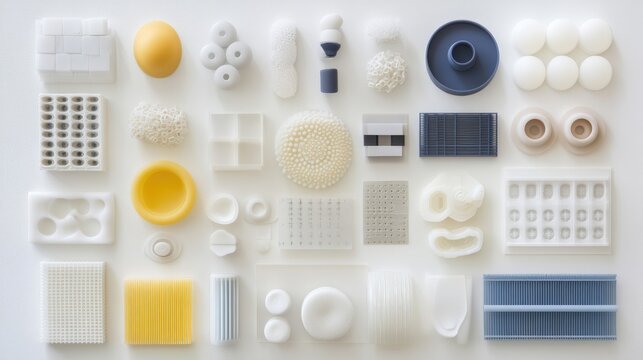 A clean surface with various recycled plastic objects, showcasing the diversity of materials for future manufacturing.