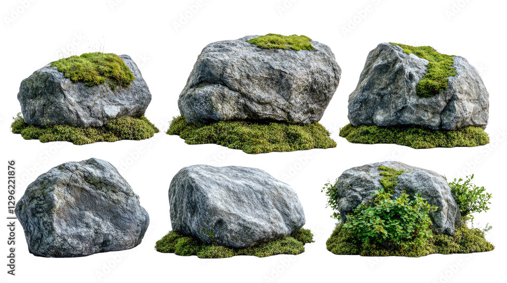 Poster rocks and moss collection:a collection of diverse rocks with mosses arranged on them in different an