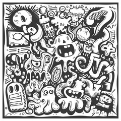 A Monochromatic Doodle Of Various Abstract Creatures