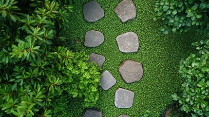 Aerial view of stone pathway through lush green garden.