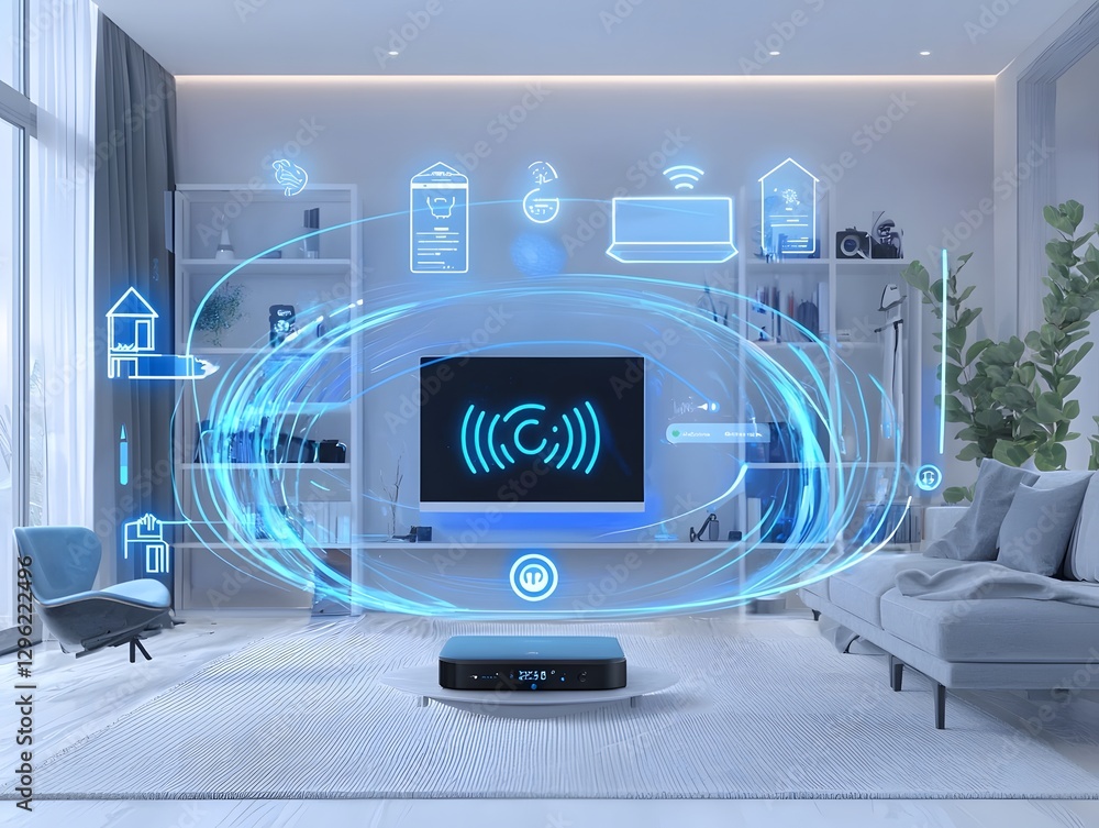 Poster futuristic smart home automation system with integrated digital touch controls and voice assistant i