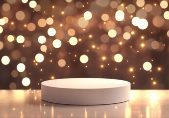 Round pedestal display with bokeh lights in a warm atmosphere