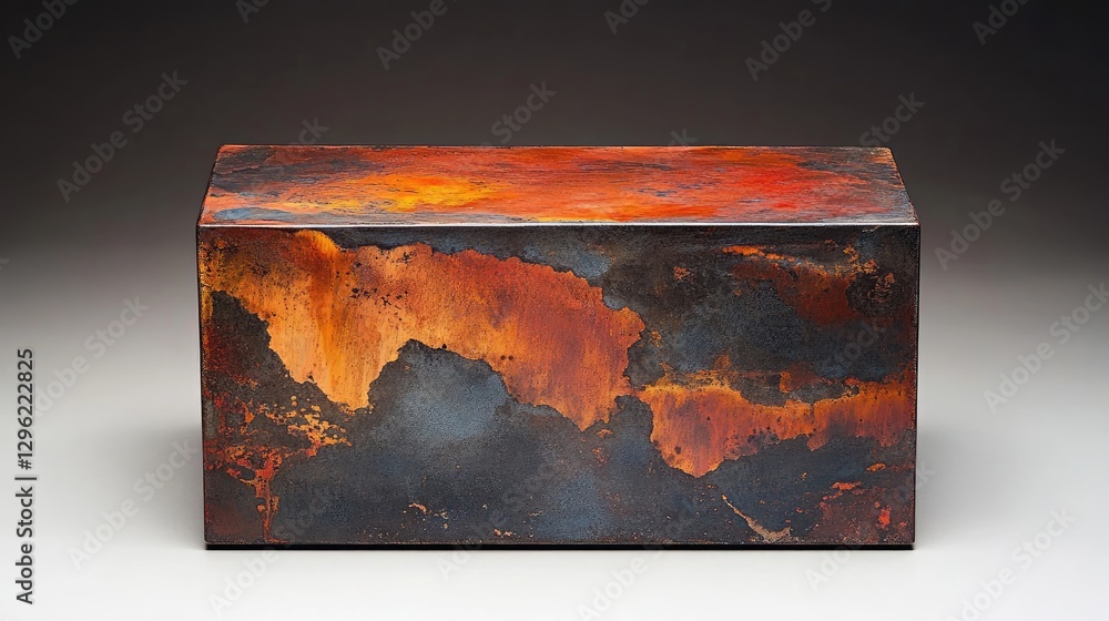 Aufkleber a close-up of a steel box with vivid rust marks, showing uneven and organic oxidation patterns.