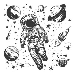 Astronaut Floating In Space Surrounded By Stars And Planets