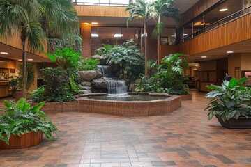 Obraz premium Serene indoor garden with waterfall and lush greenery in a hotel lobby, creating a tranquil atmosphere