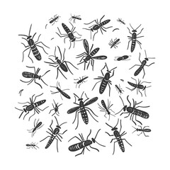 A Swarm Of Black And White Mosquitoes On A White Background